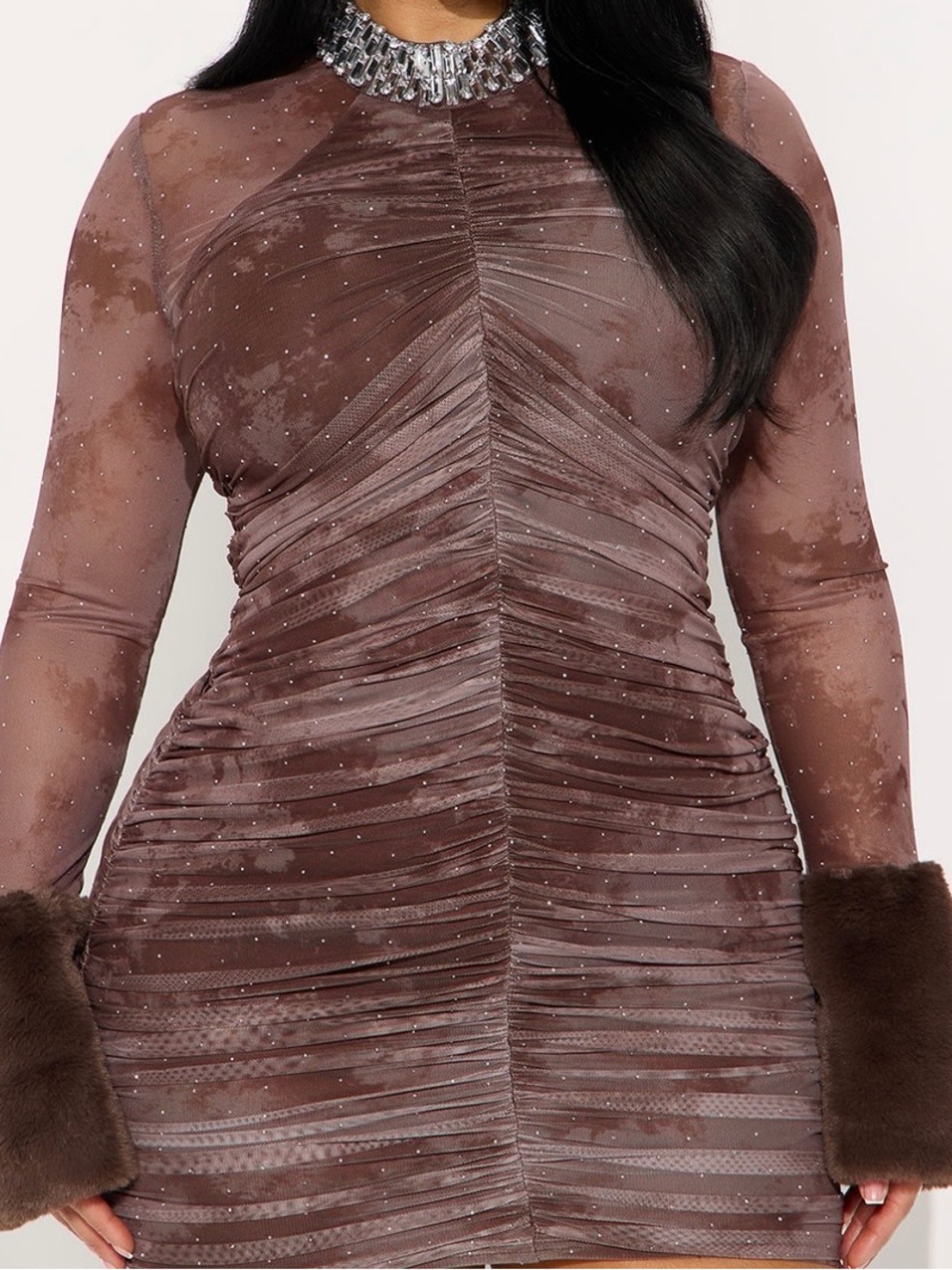 Ruched Brown Long-Sleeve Mesh Dress with Faux Fur Cuffs